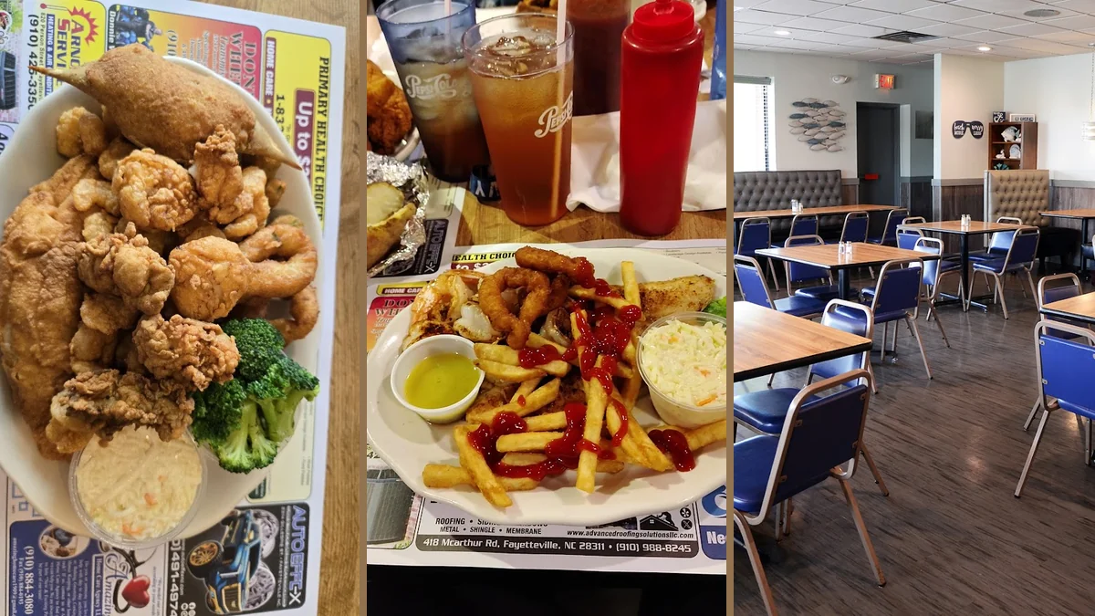 Plates of fried seafood on a simple table.