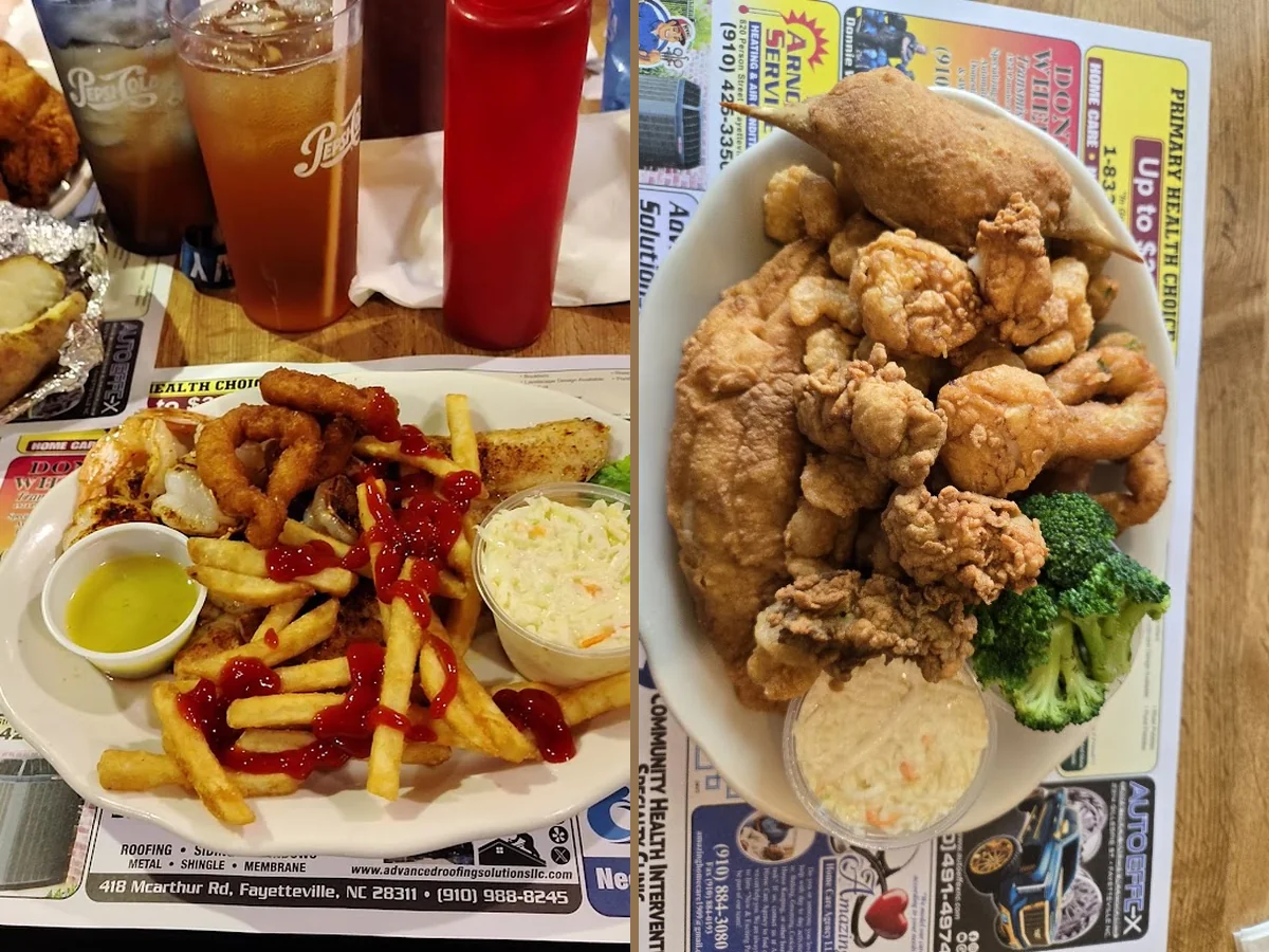 Golden hush puppies beside catfish and slaw.