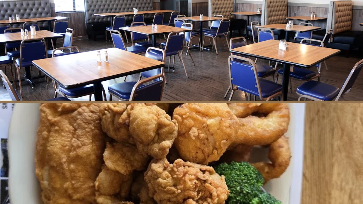 Fried flounder and onion rings on white plates.