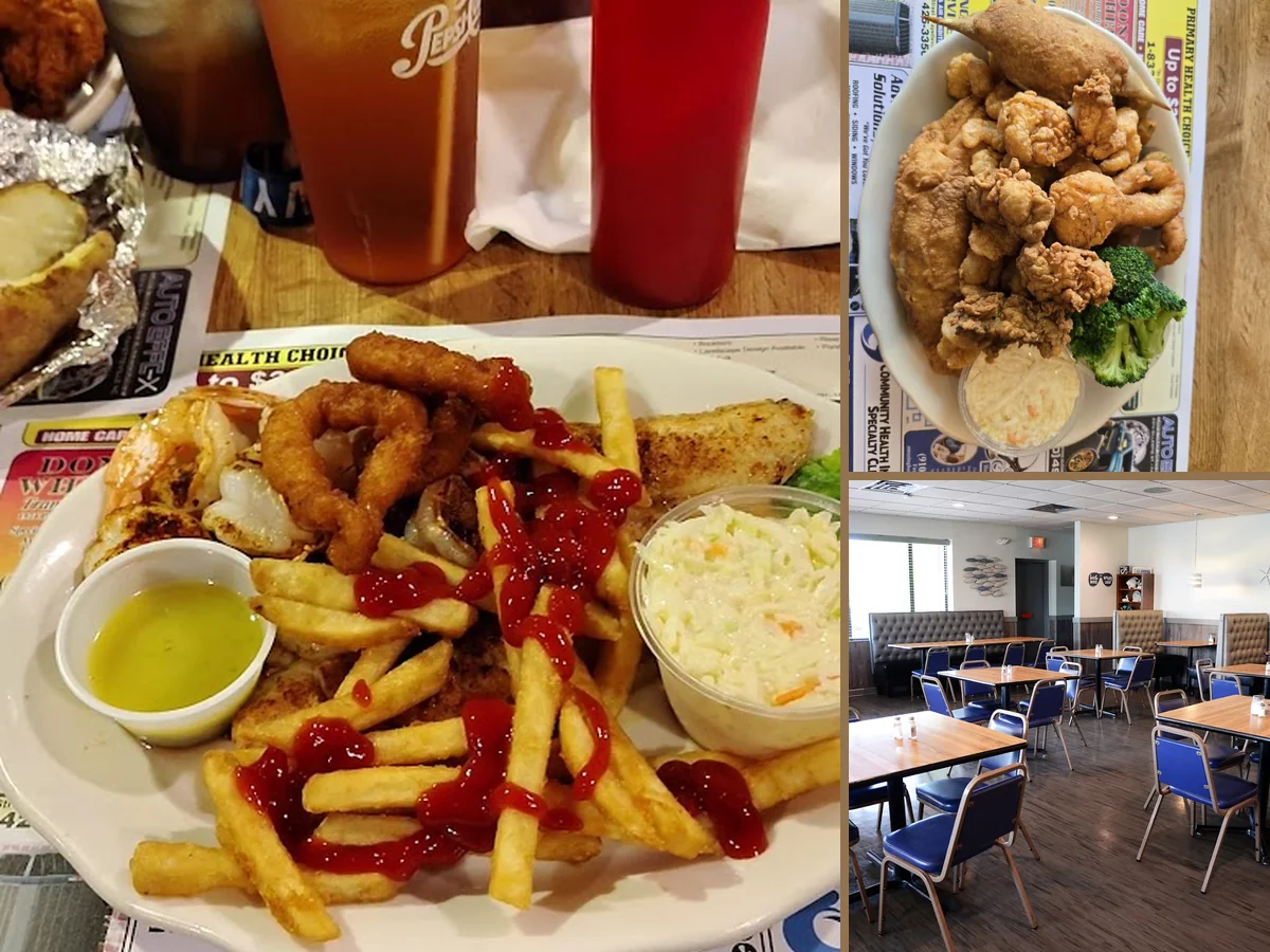 Plates of fried seafood on a simple table.