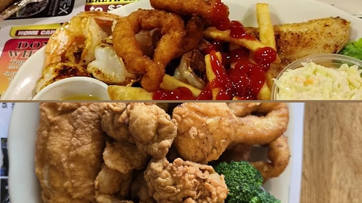 Golden hush puppies beside catfish and slaw.