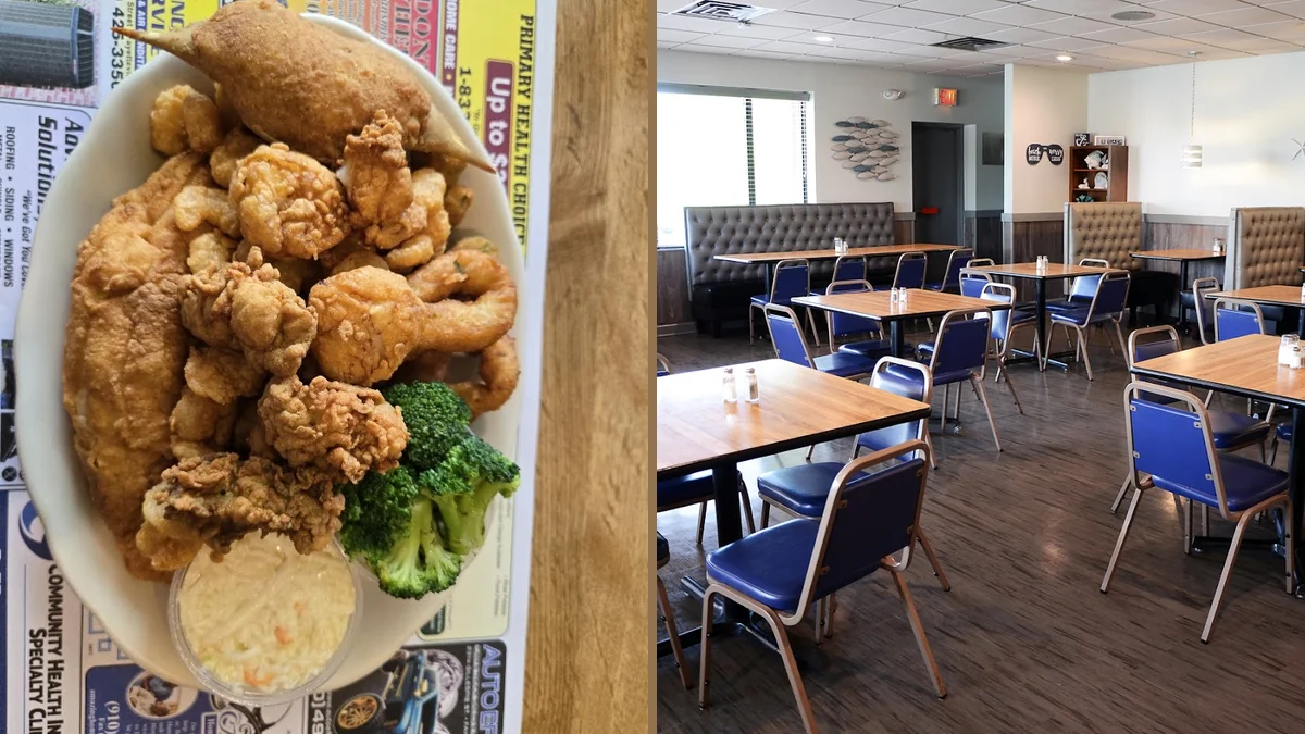 Hearty seafood platters in a plain dining room.