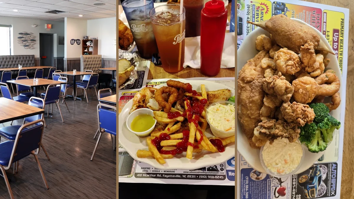 Golden hush puppies beside catfish and slaw.