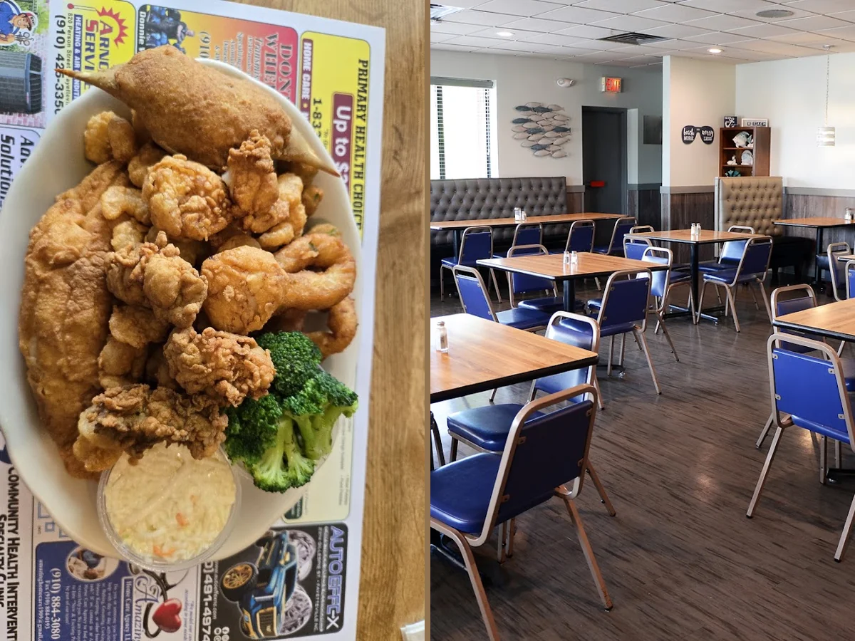 Plates of fried seafood on a simple table.